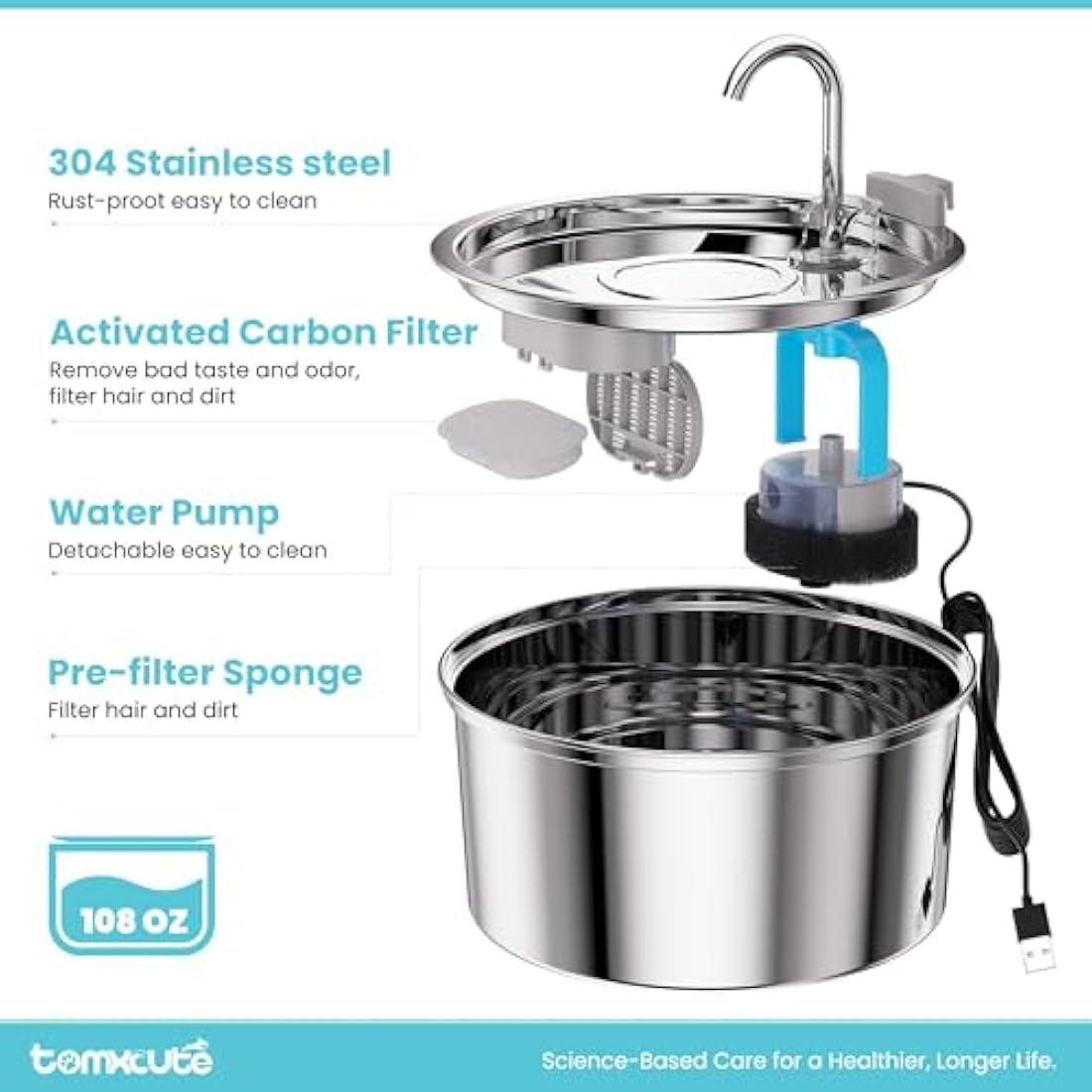 TOMXCUTE 3.2L Stainless Steel Cat Water Fountain | Ultra-Quiet Pet Dispenser