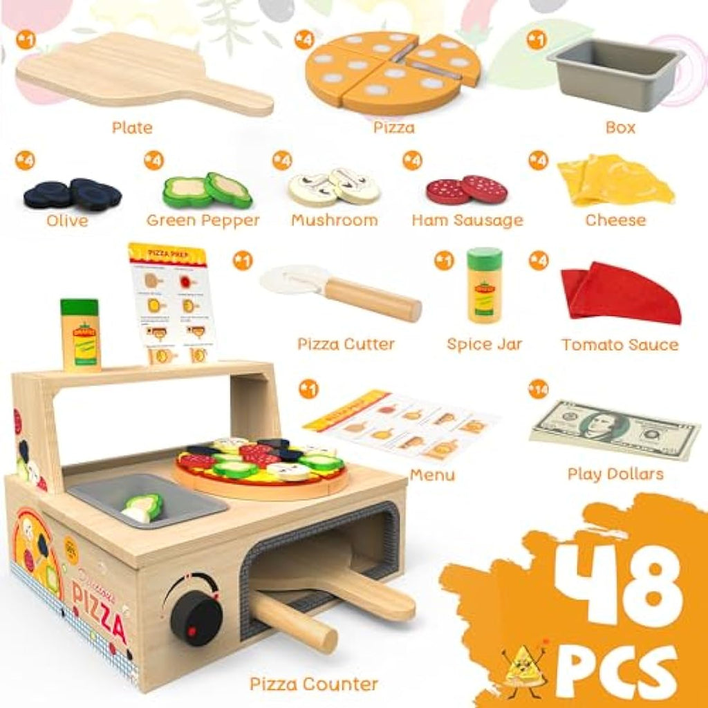 Wooden Pizza Counter Play Set – 49 Piece Pretend Kitchen Toy