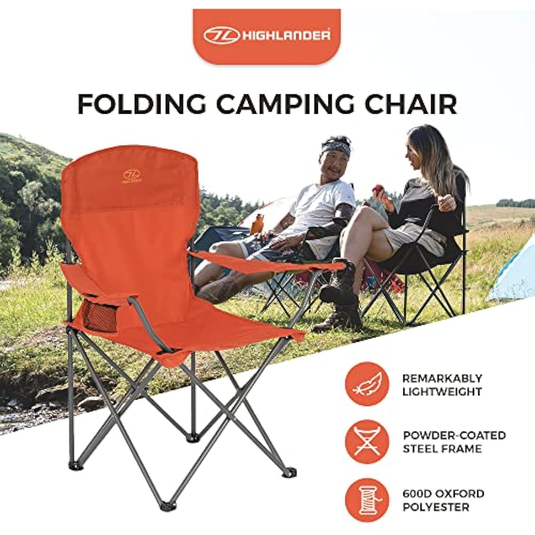 Highlander Camping Chair – Lightweight Folding Steel Chair with Cup Holder