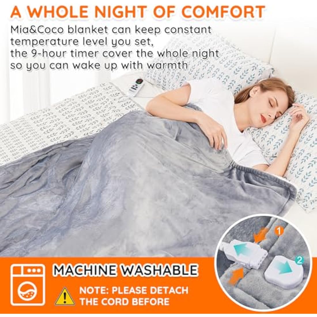 Mia&Coco Electric Heated Blanket – Flannel Sherpa Throw, 10 Heat Levels, Grey