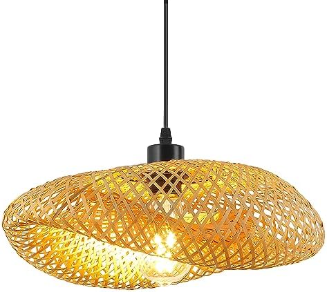 Schindora Bamboo Straw Hat Pendant Light – 50cm Woven Boho Ceiling Lamp