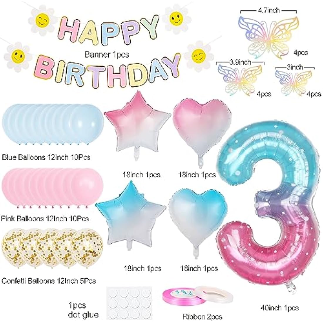 3rd Birthday Decorations - Gradient Number 3 Balloon Kit