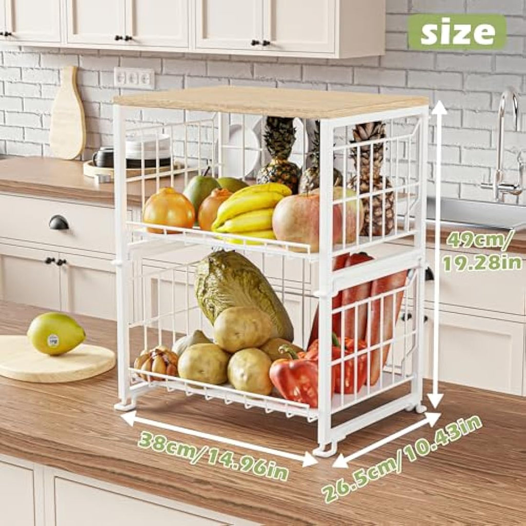 UMDONX 3-Tier Kitchen Fruit Basket – Metal Vegetable Storage Rack with Wood Top