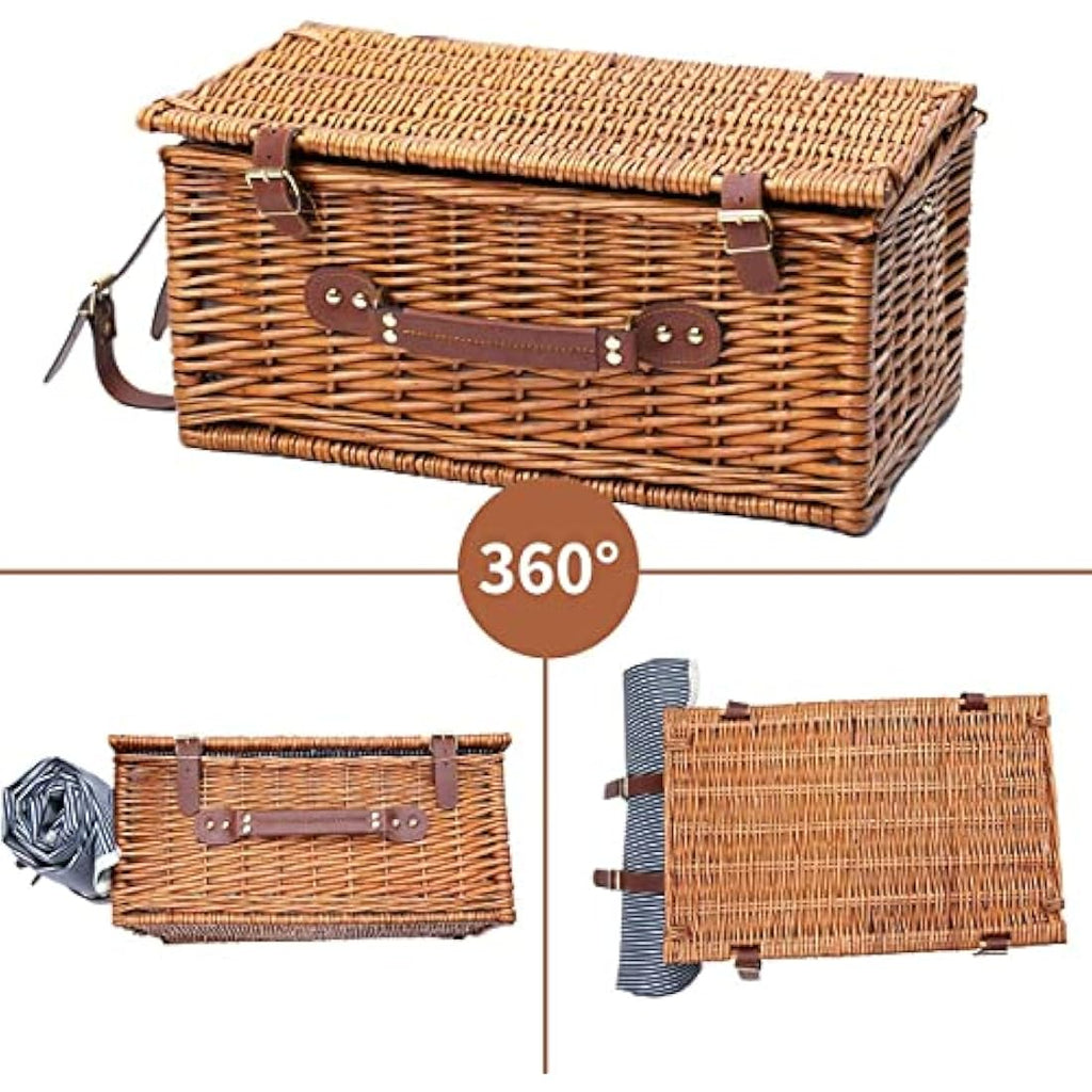 Jolof Store Wicker Picnic Basket for 4 with Insulated Cooler & Blanket
