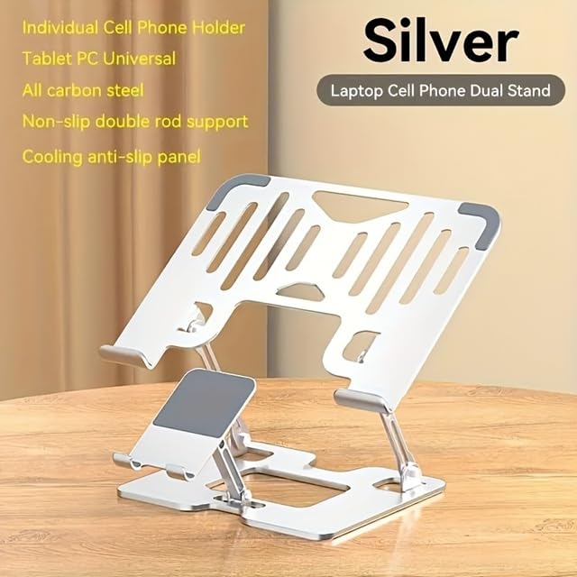 Omana Ergonomic 2-in-1 Laptop Stand with Phone Holder for Desk, Adjustable Riser, Sturdy and Portable, Fits All Laptops and Phone Silver - image 5