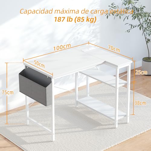 BEXEVUE L-Shaped Corner Desk with Power Outlets and Storage Shelves