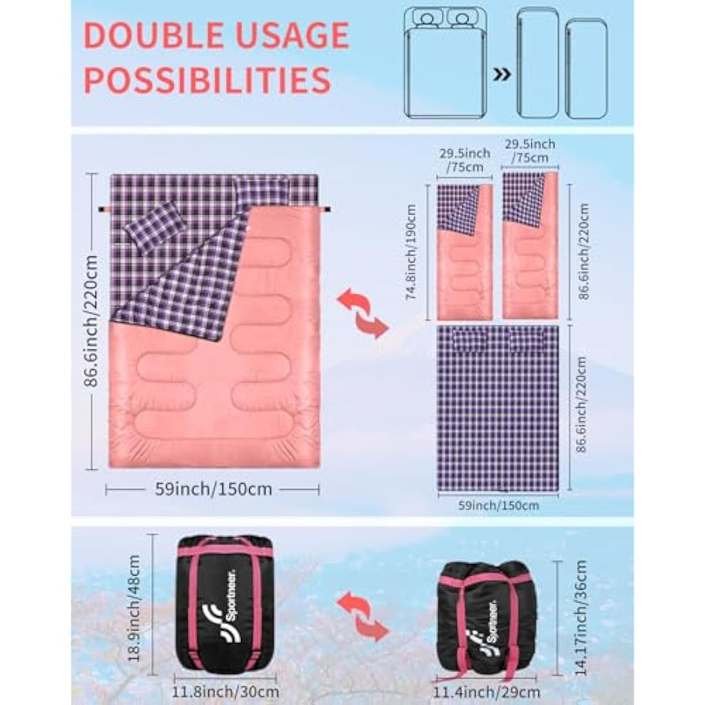 Sportneer Double Sleeping Bag | 3-Season Waterproof 2-Person Camping Gear
