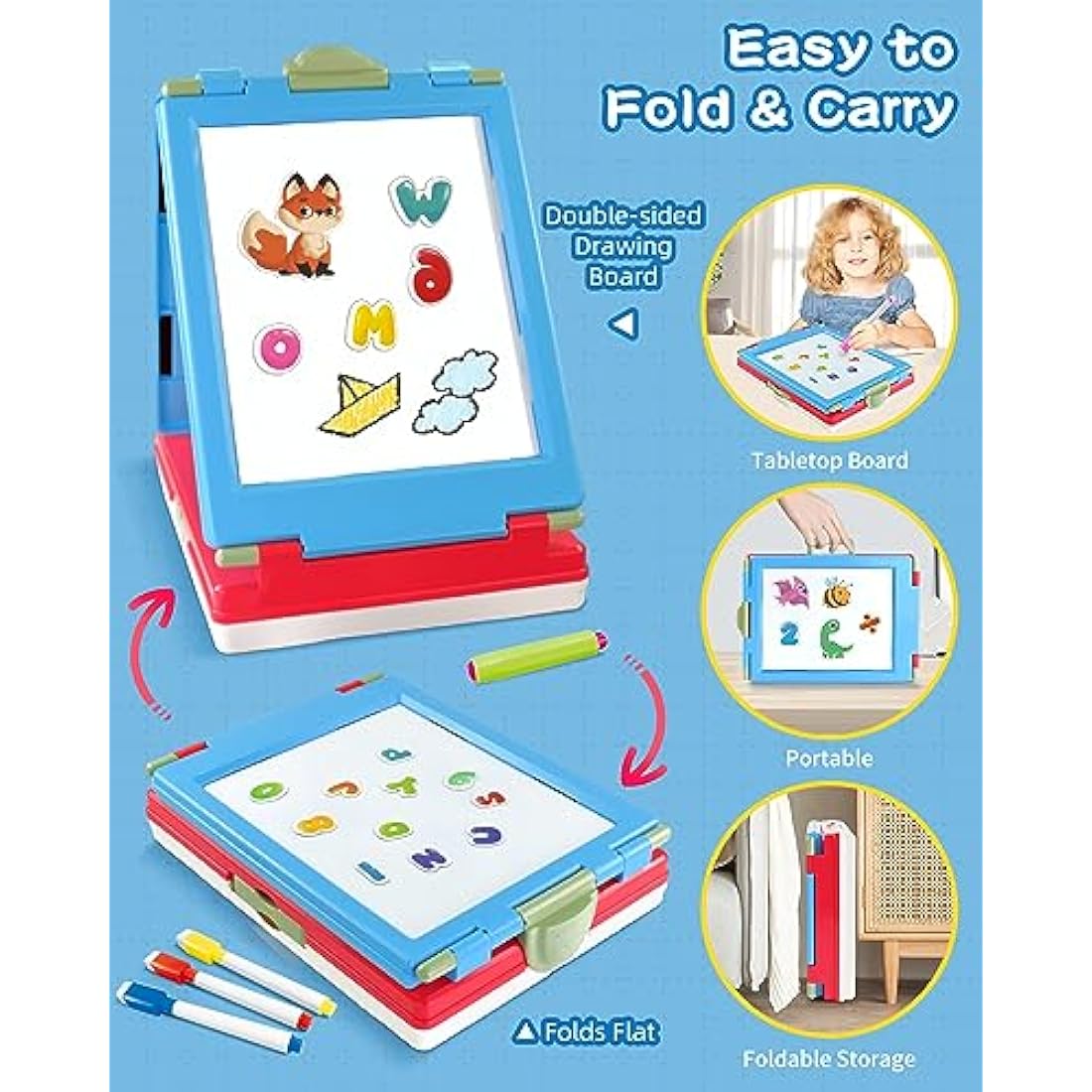 Elovien 4-in-1 Kids Art Easel | Foldable Magnetic Tabletop Board - Blue