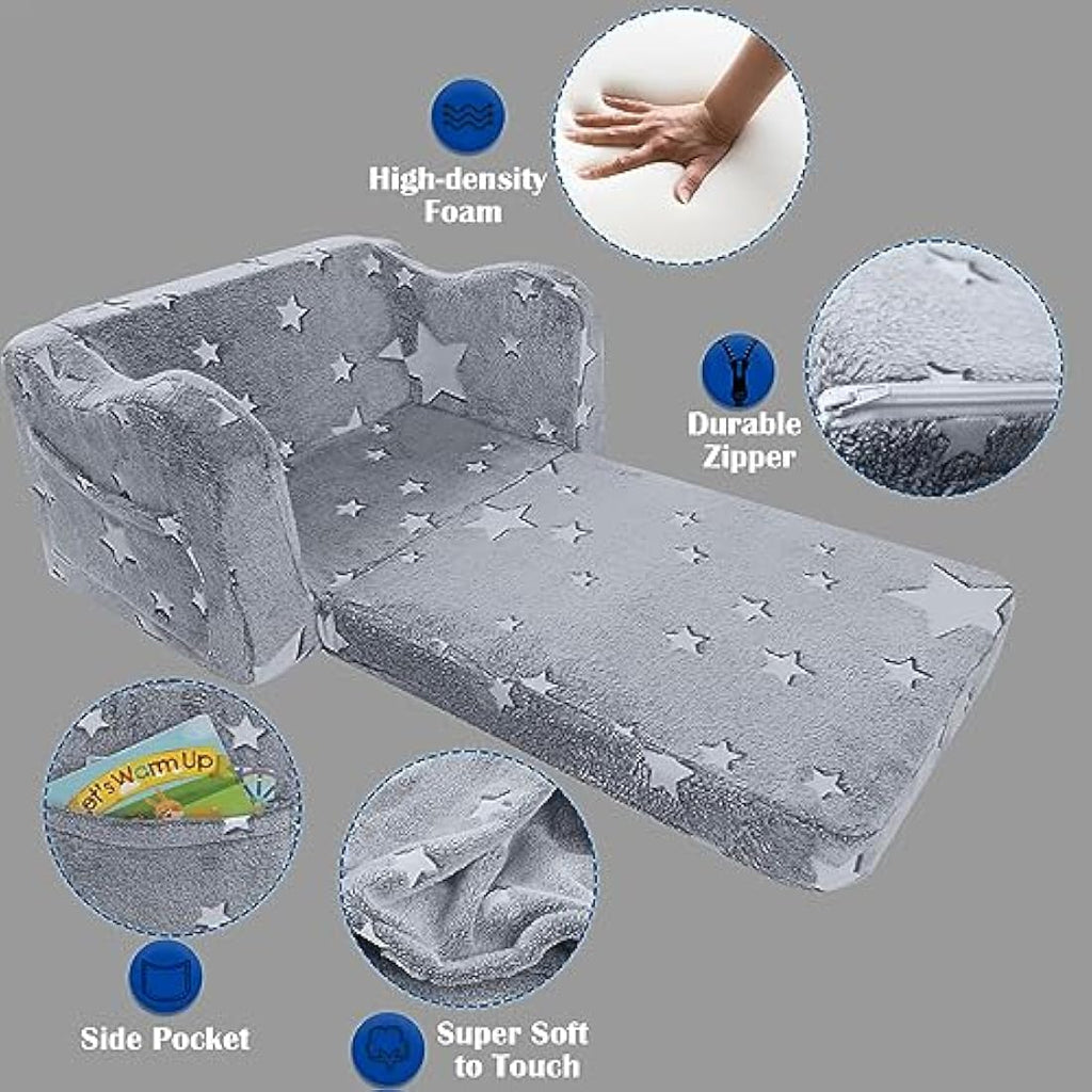 MeMoreCool Kids Fold Out Couch – Glow in The Dark Plush Toddler Sofa, Grey