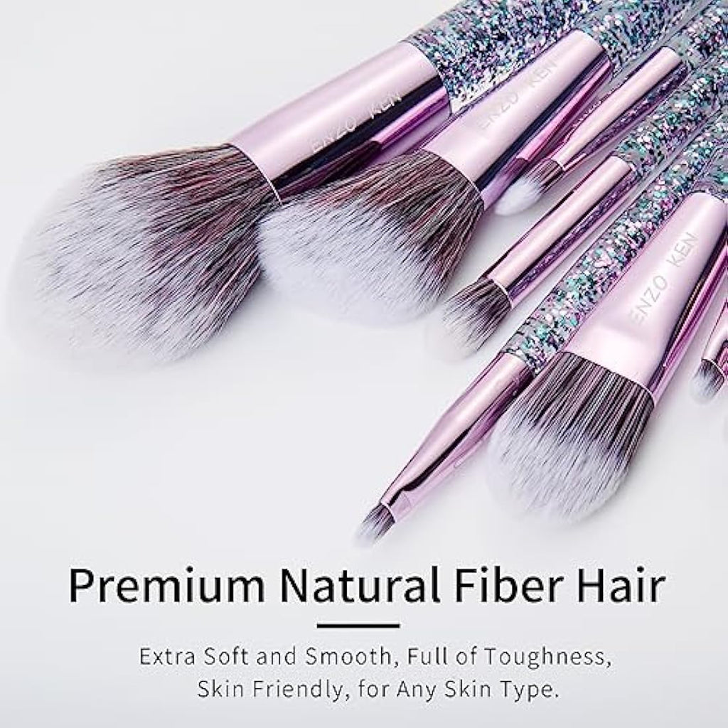 ENZO KEN Professional Vegan Makeup Brushes Set with Case – Purple Glitter