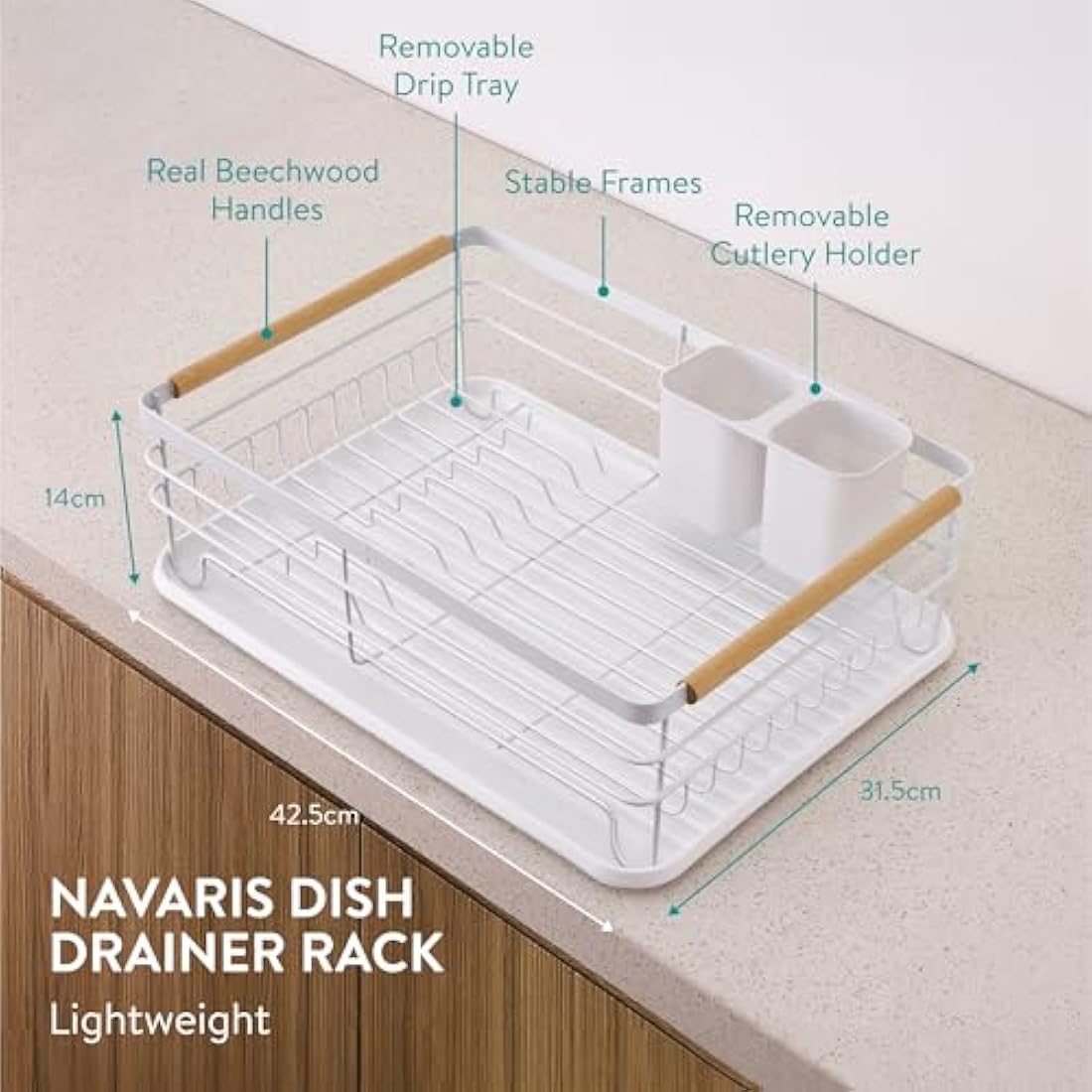 Navaris Dish Drying Rack – Retro Kitchen Drainer with Beechwood Handles