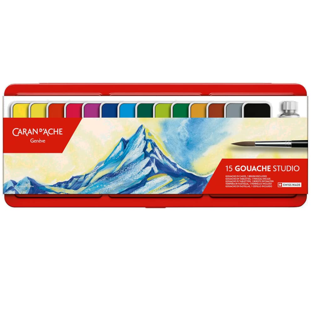 Caran d'Ache Gouache Studio Paint Set – 15 Colour Tablets with Brush
