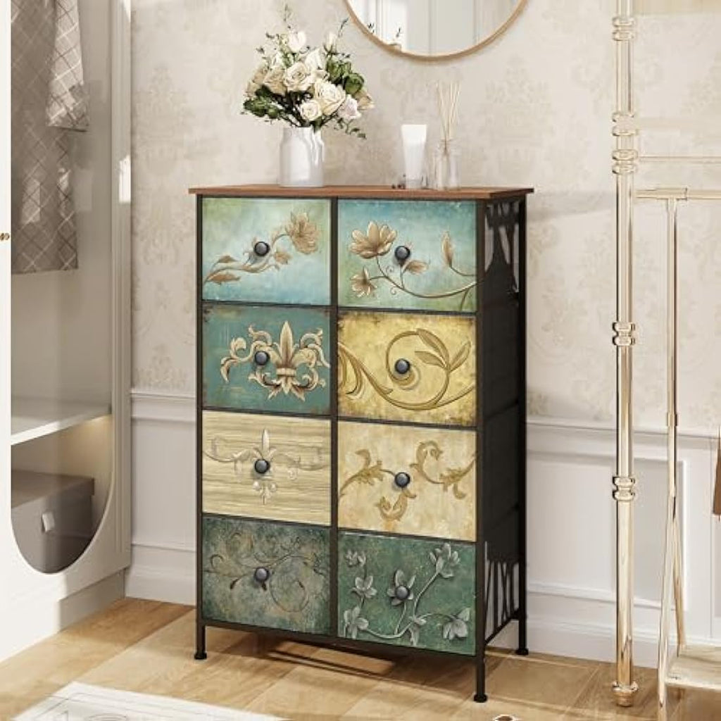 VEDECASA 8 Drawer Tall Dresser – Retro Floral Fabric Storage Chest