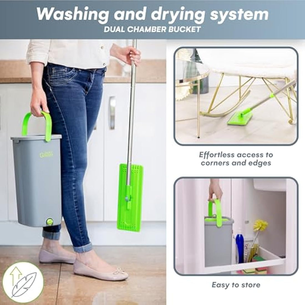 Flat Mop and Bucket Set | 2 Microfibre Pads | Green