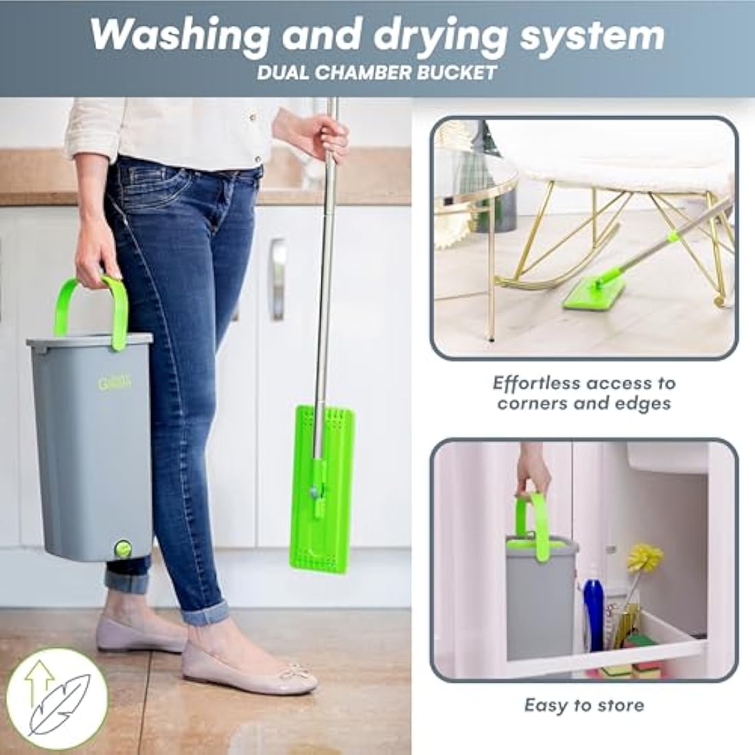 Flat Mop and Bucket Set | 2 Microfibre Pads | Green