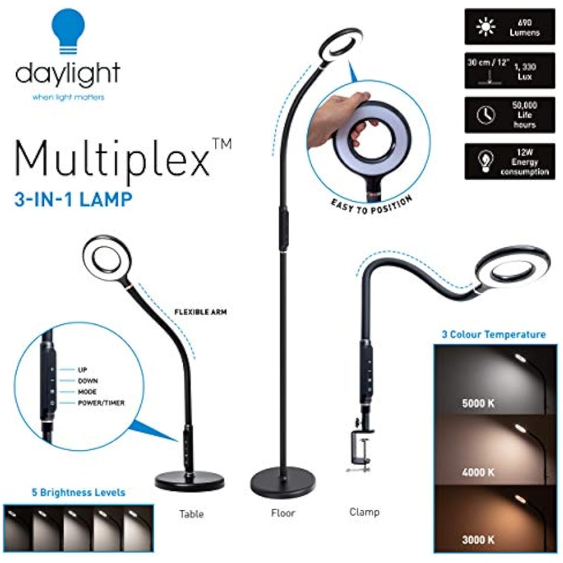 3-in-1 LED Daylight Lamp – Adjustable Floor, Desk & Clamp