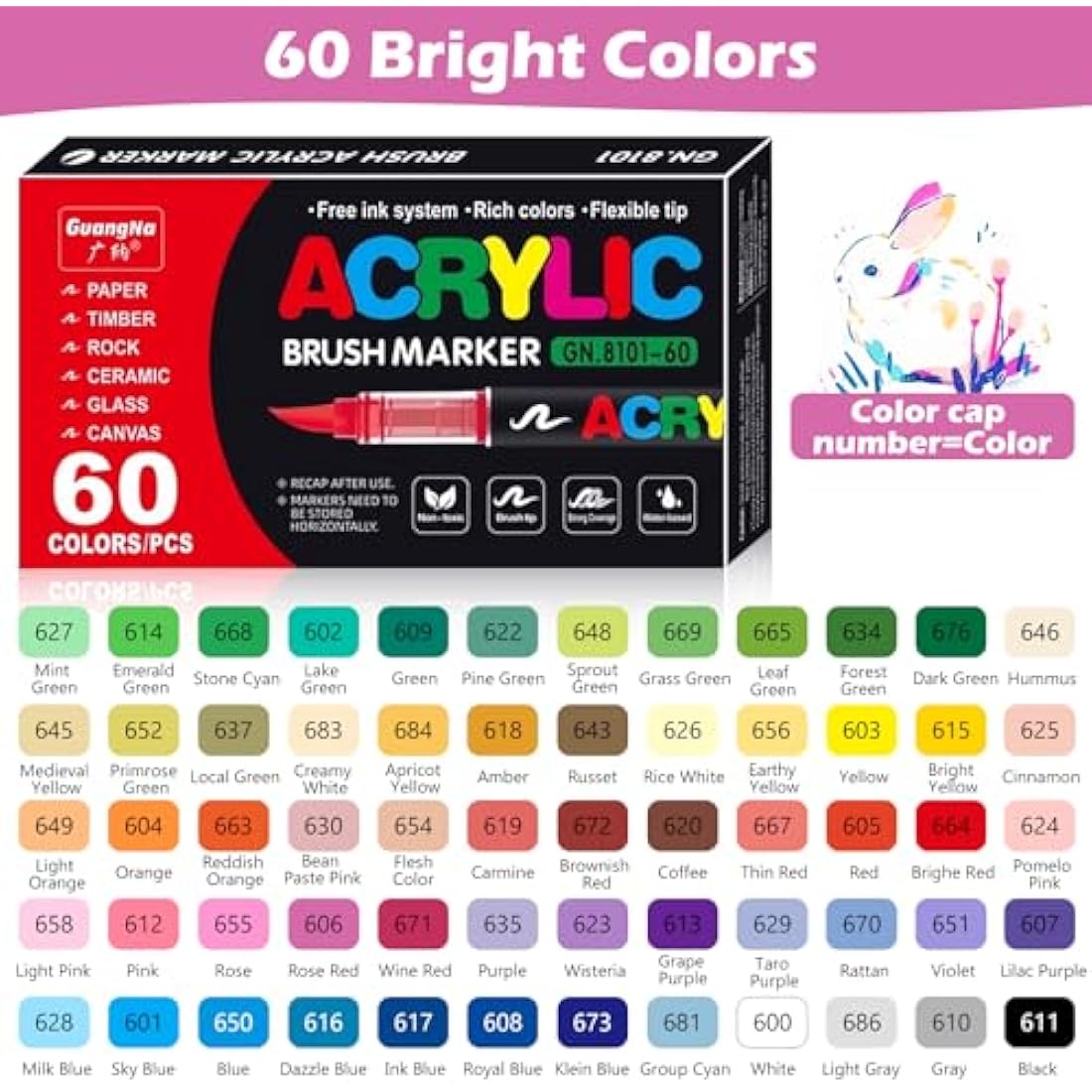 VAKKI 60 Color Acrylic Paint Pens | 1-6mm Flexible Brush Tip Markers