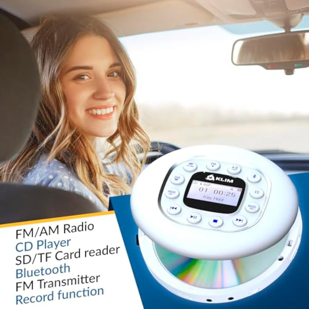 KLIM Journey Portable CD Player – Bluetooth & FM Transmitter for Cars