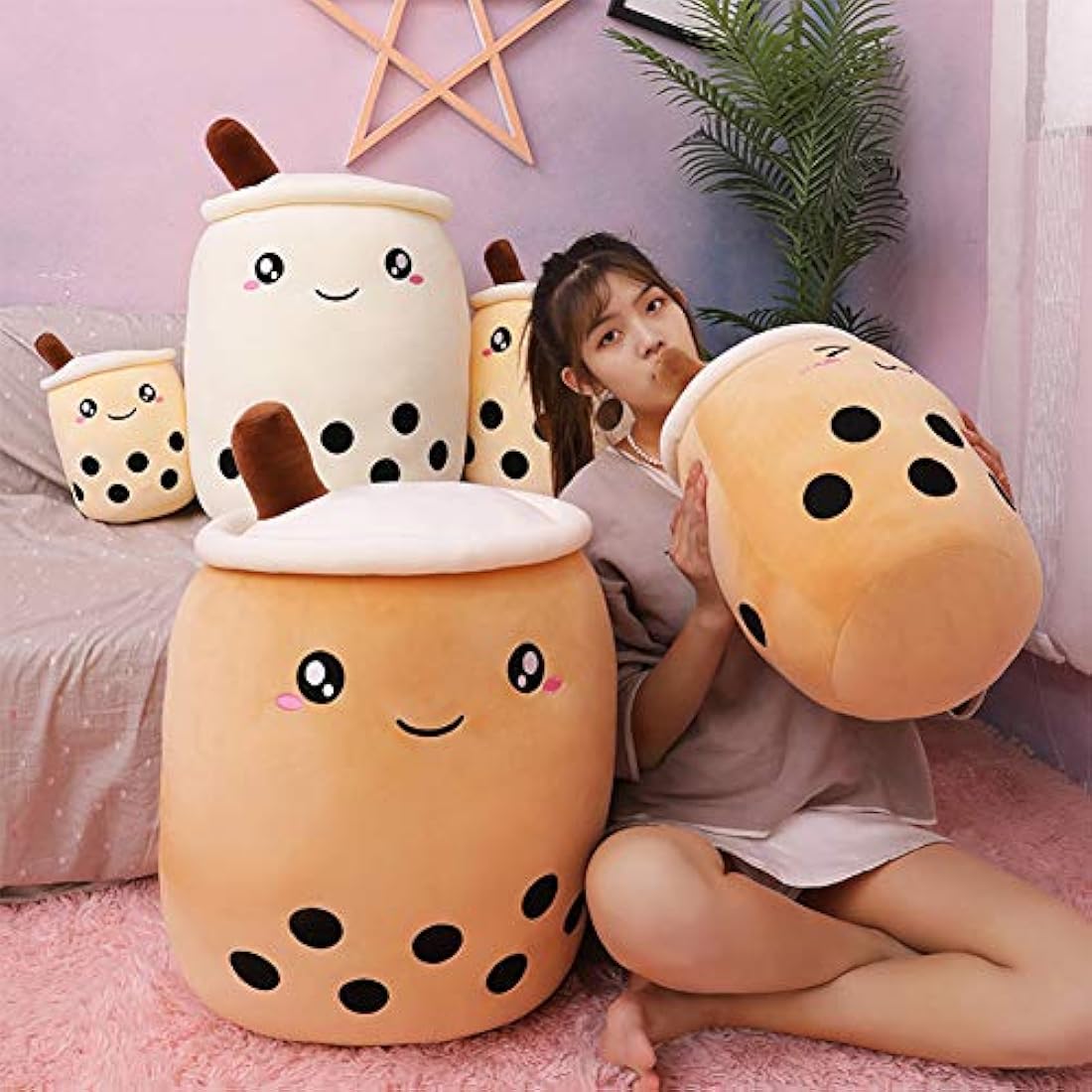 AMOZO Cute Boba Milk Tea Plush Doll – Soft Bubble Tea Pillow, Coffee 24cm