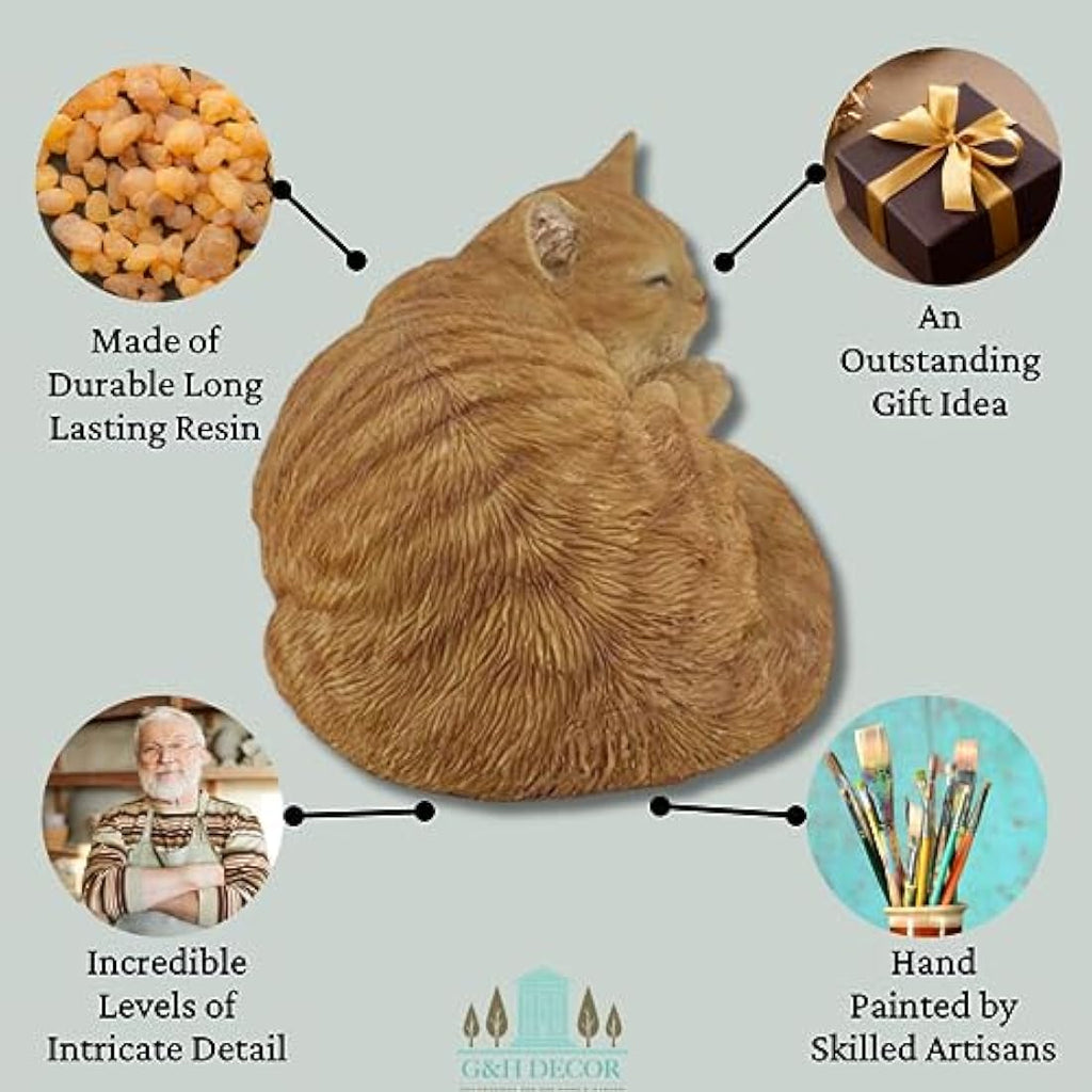 G&H Decor Ginger Sleeping Cat Statue – 32cm Resin Garden Ornament