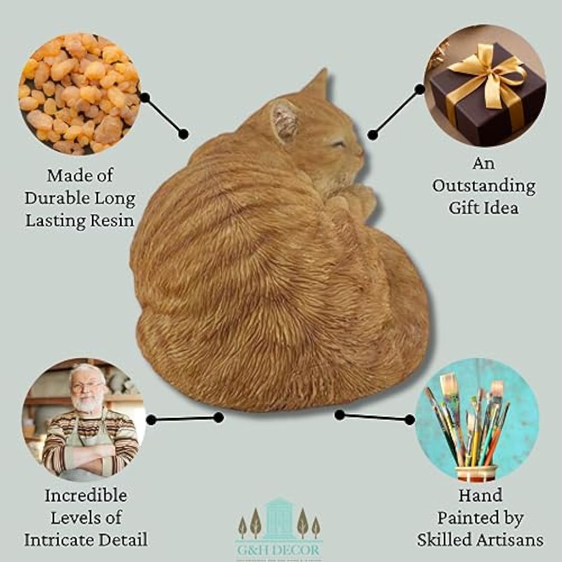 G&H Decor Ginger Sleeping Cat Statue – 32cm Resin Garden Ornament