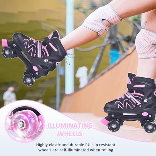 ERNAN Kids Roller Skates | Adjustable 4 Sizes with 8 Light Up Wheels - Pink