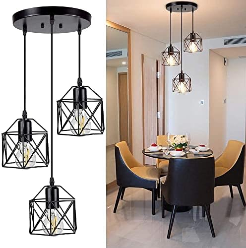 Industrial 3-Light Cage Pendant Lamp – Black Geometric