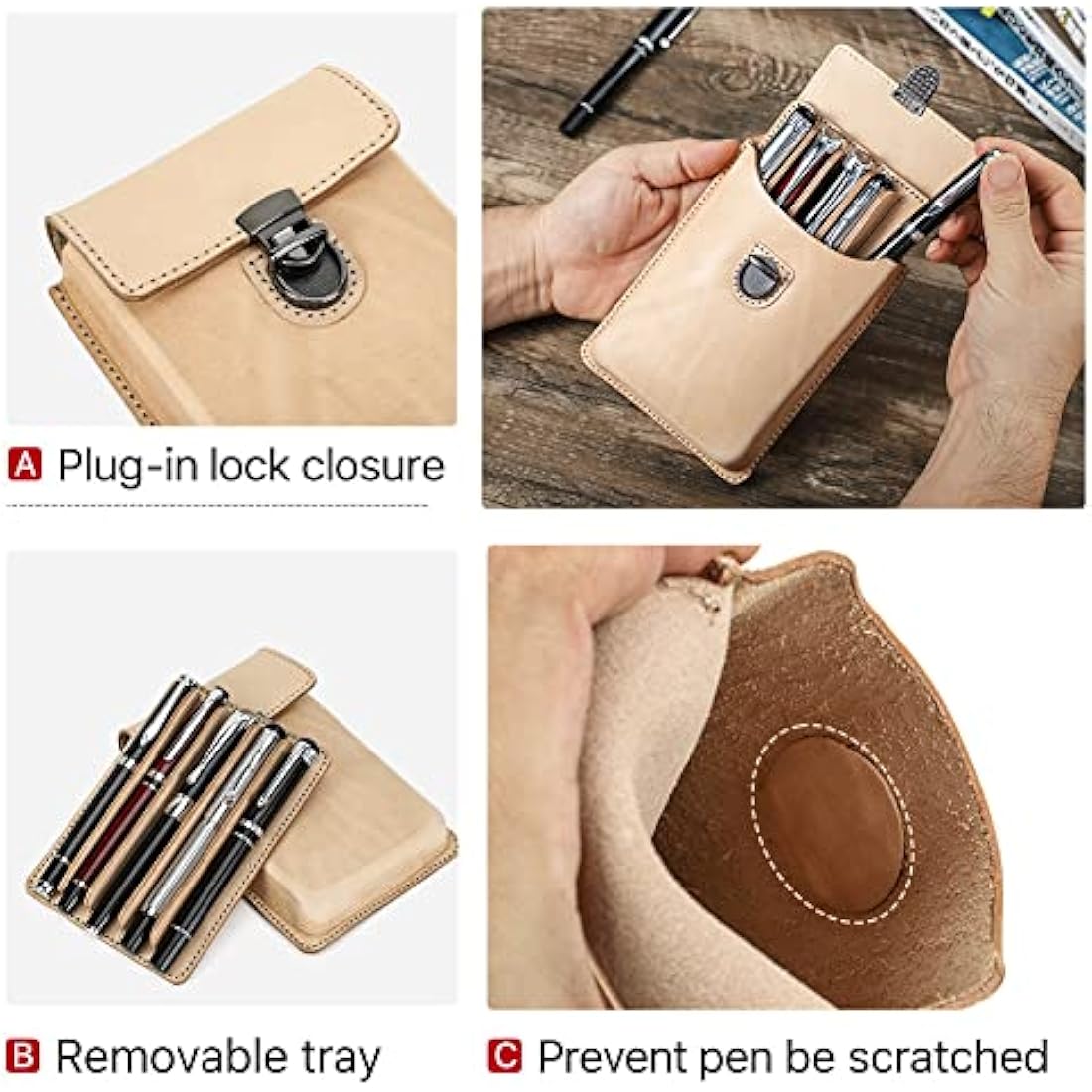 Hiram Full Grain Leather 5 Pen Case | Vintage Fountain Pen Storage - Apricot