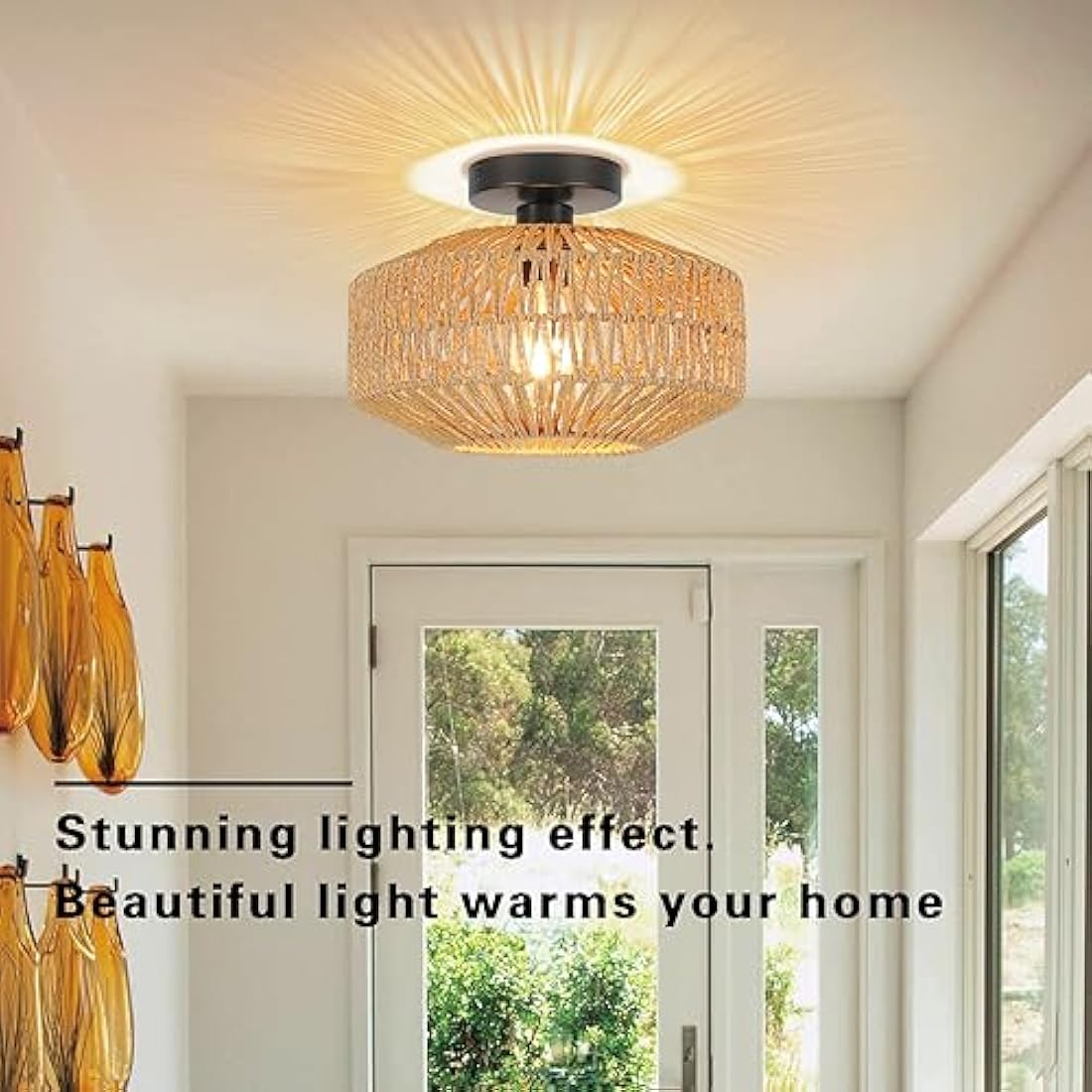 Schindora Boho Rattan Ceiling Light – Vintage Braided Basket Chandelier