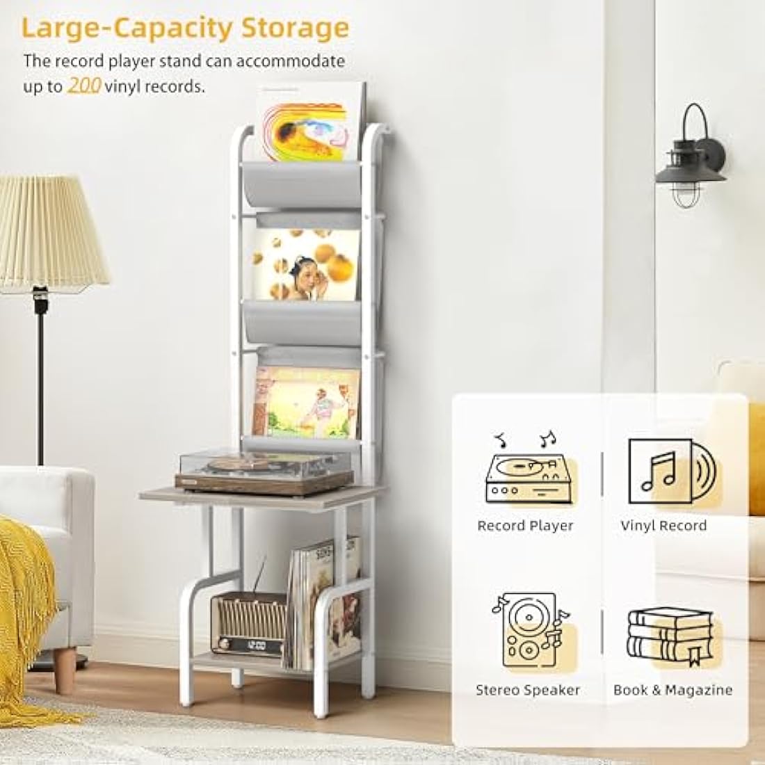 Bikoney Vinyl Record Storage Stand | 200 Album Turntable Cabinet - White