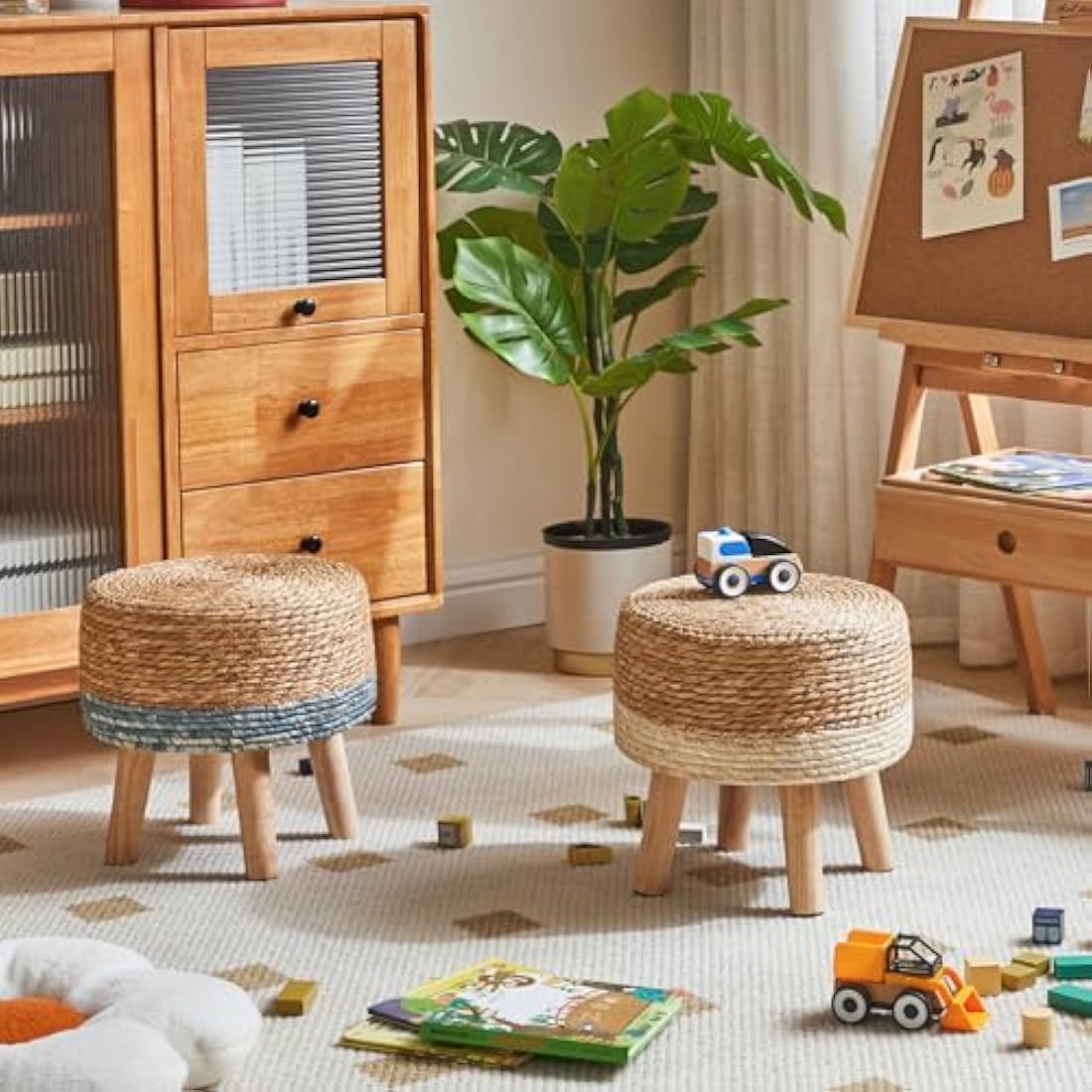 YMYNY Natural Seagrass Footstool | Hand-Woven Ottoman with Pine Legs