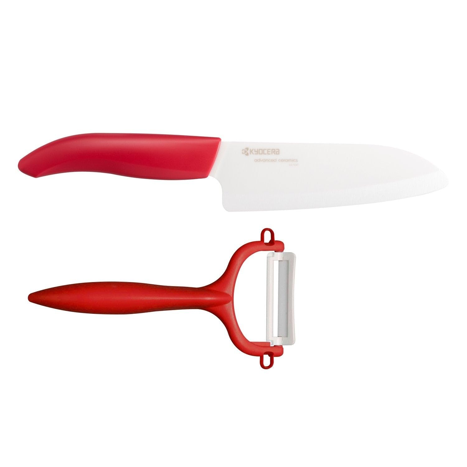 Kyocera Ceramic Santoku Knife and Peeler Set – 14cm Red Cut & Peel