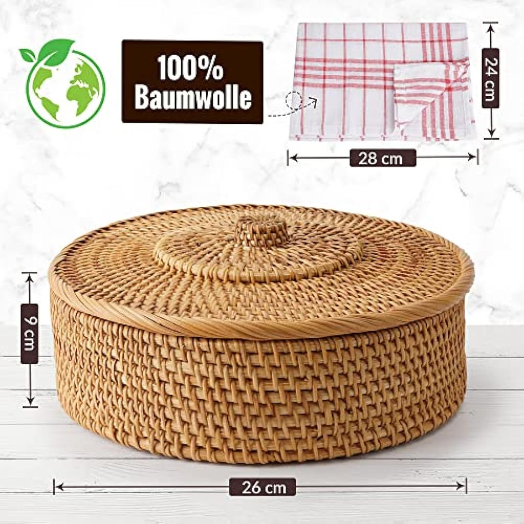 Tortillada 26cm Tortilla Warmer Basket – Rattan with Cotton Tea Towel