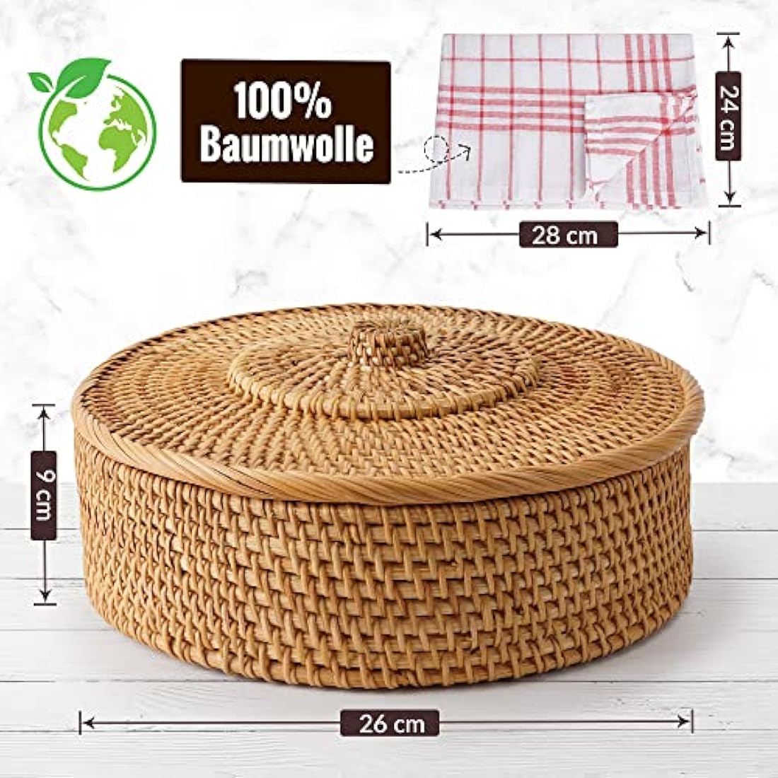 Tortillada 26cm Tortilla Warmer Basket – Rattan with Cotton Tea Towel