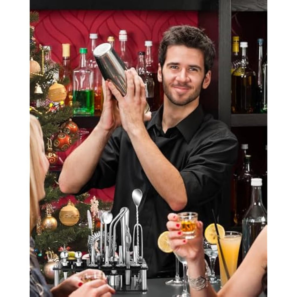 Trongle 26-Piece Cocktail Shaker Set | Stainless Steel Kit with Wood Stand