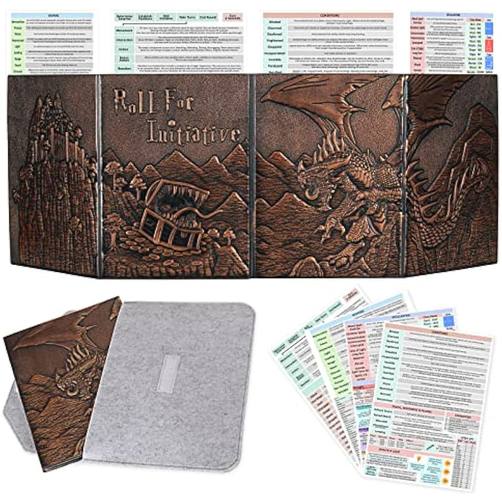Faux Leather DM Screen – 4-Panel Embossed Dragon & Mimic
