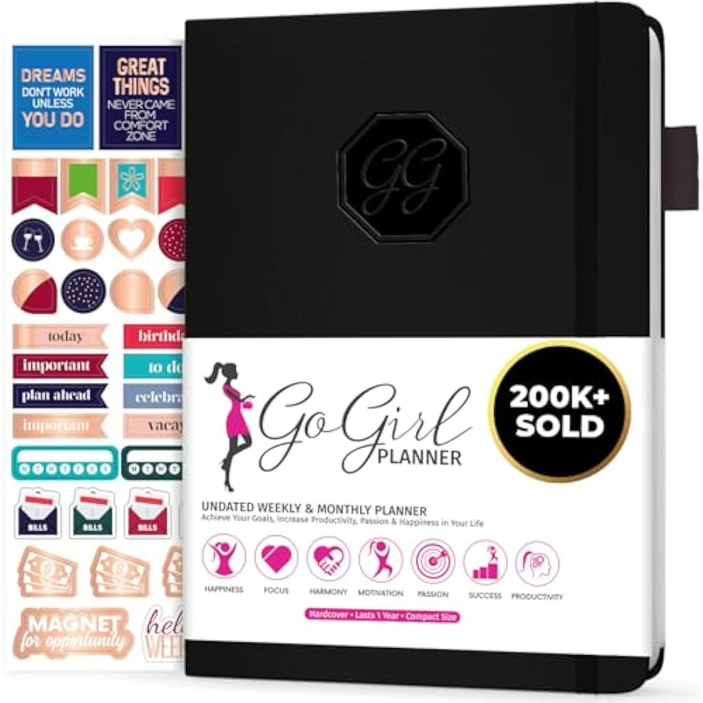 GoGirl Undated Weekly Planner – Compact Eco-Leather Goal Organizer, Black