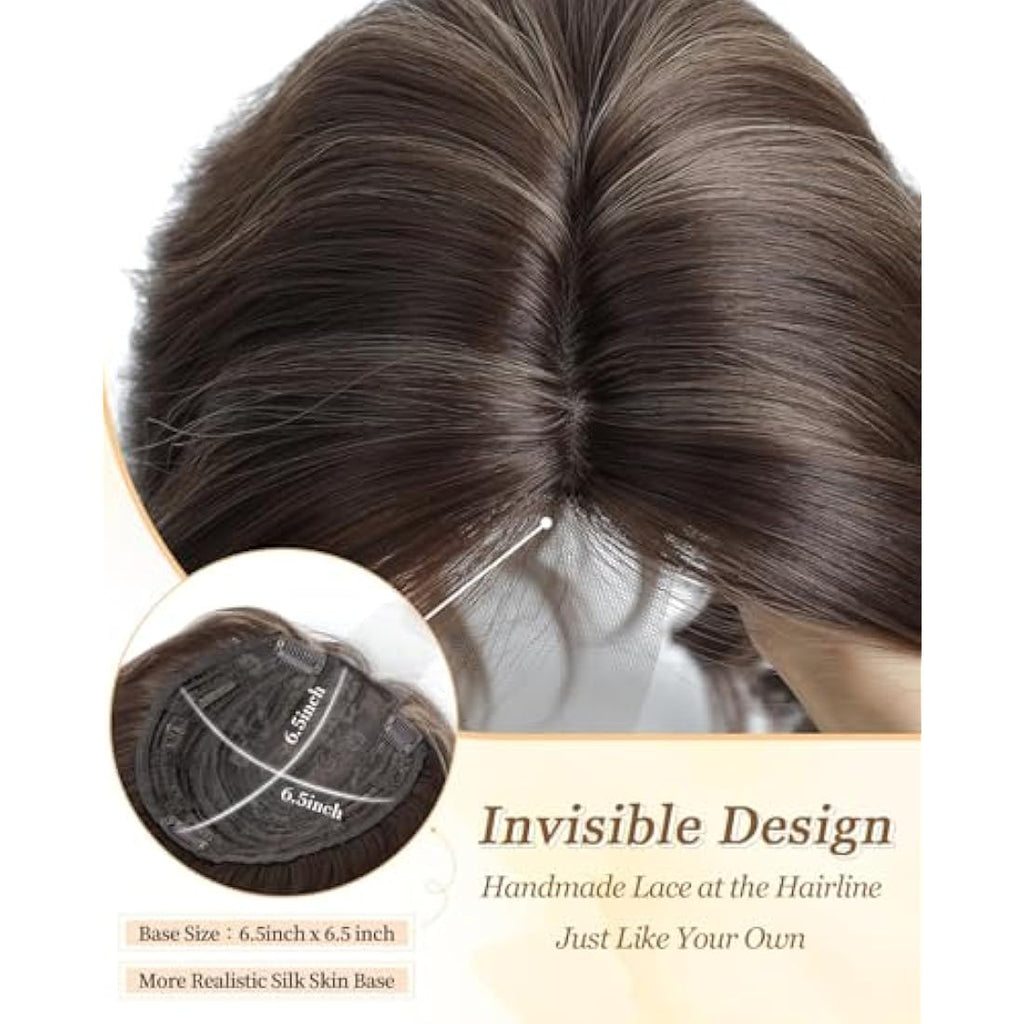 MORICHY 16" Wavy Curly Hair Topper with Fringe – Brown Highlights Clip-In