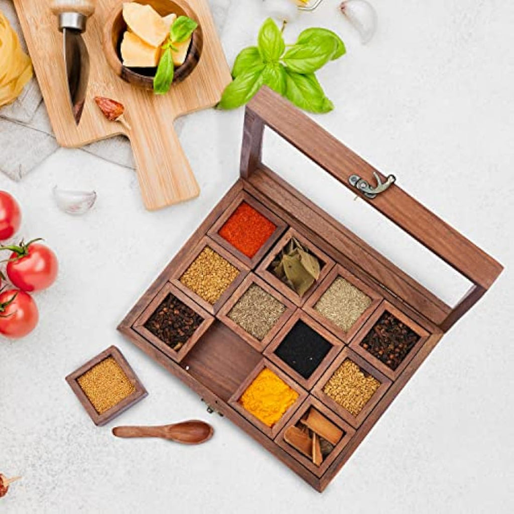 Wooden Masala Dabba Spice Box - 12 Compartments & Glass Lid