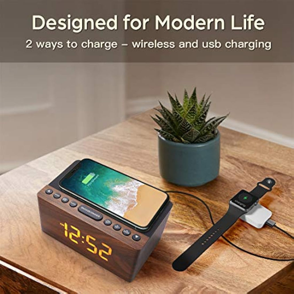 ANJANK Wooden FM Radio Alarm Clock with 10W Fast Wireless Charging
