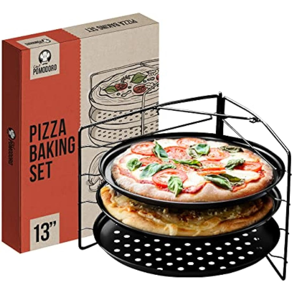 Chef Pomodoro 3-Tier Pizza Baking Set | Non-Stick Perforated 11-Inch Pans