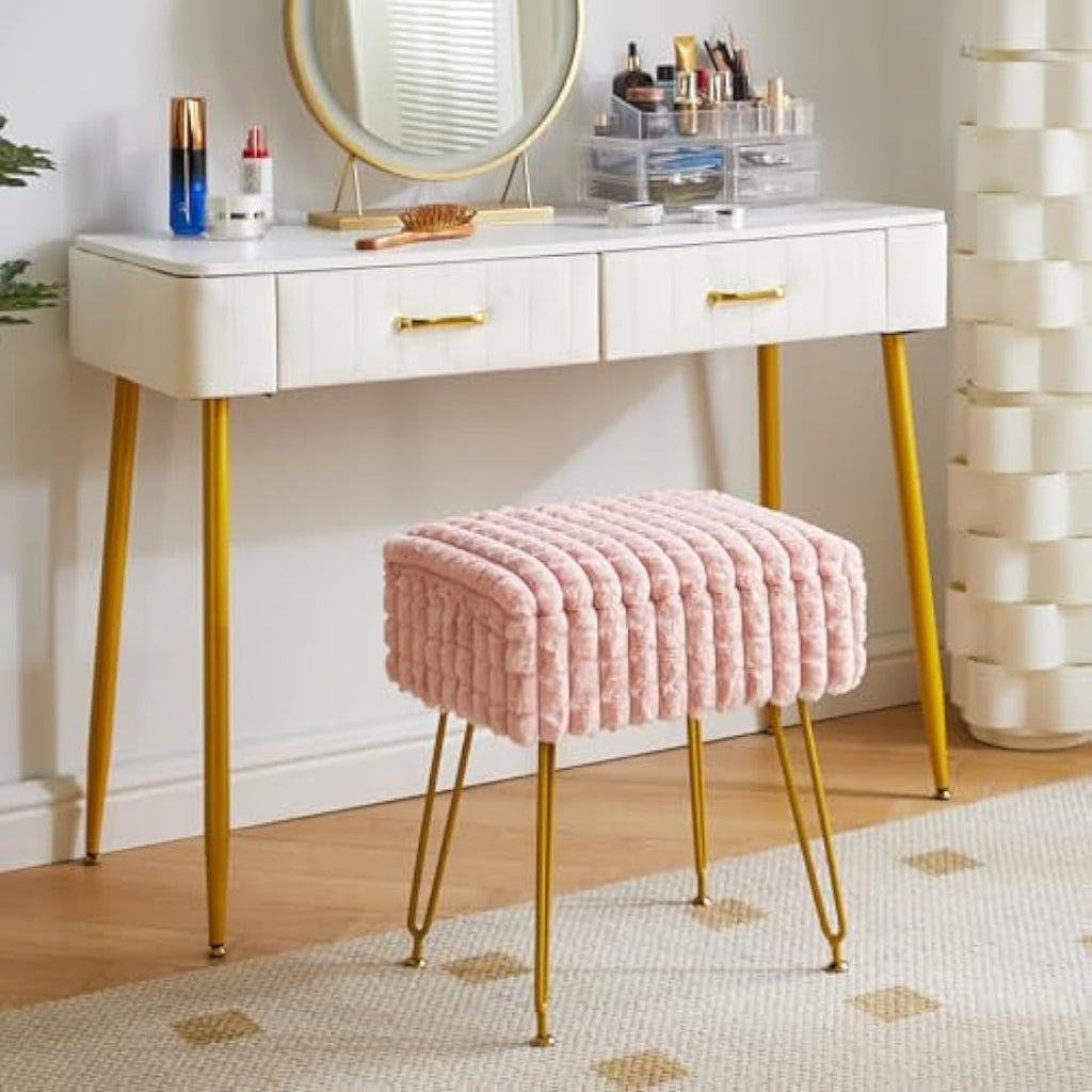 IBUYKE Vanity Chair with Storage - Pink Grid Ottoman Footstool
