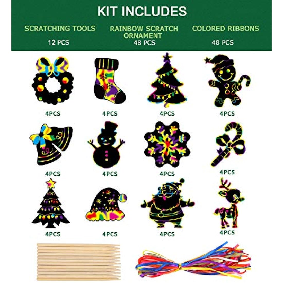 48pc Christmas Scratch Art Kit – DIY Rainbow Hanging Ornaments
