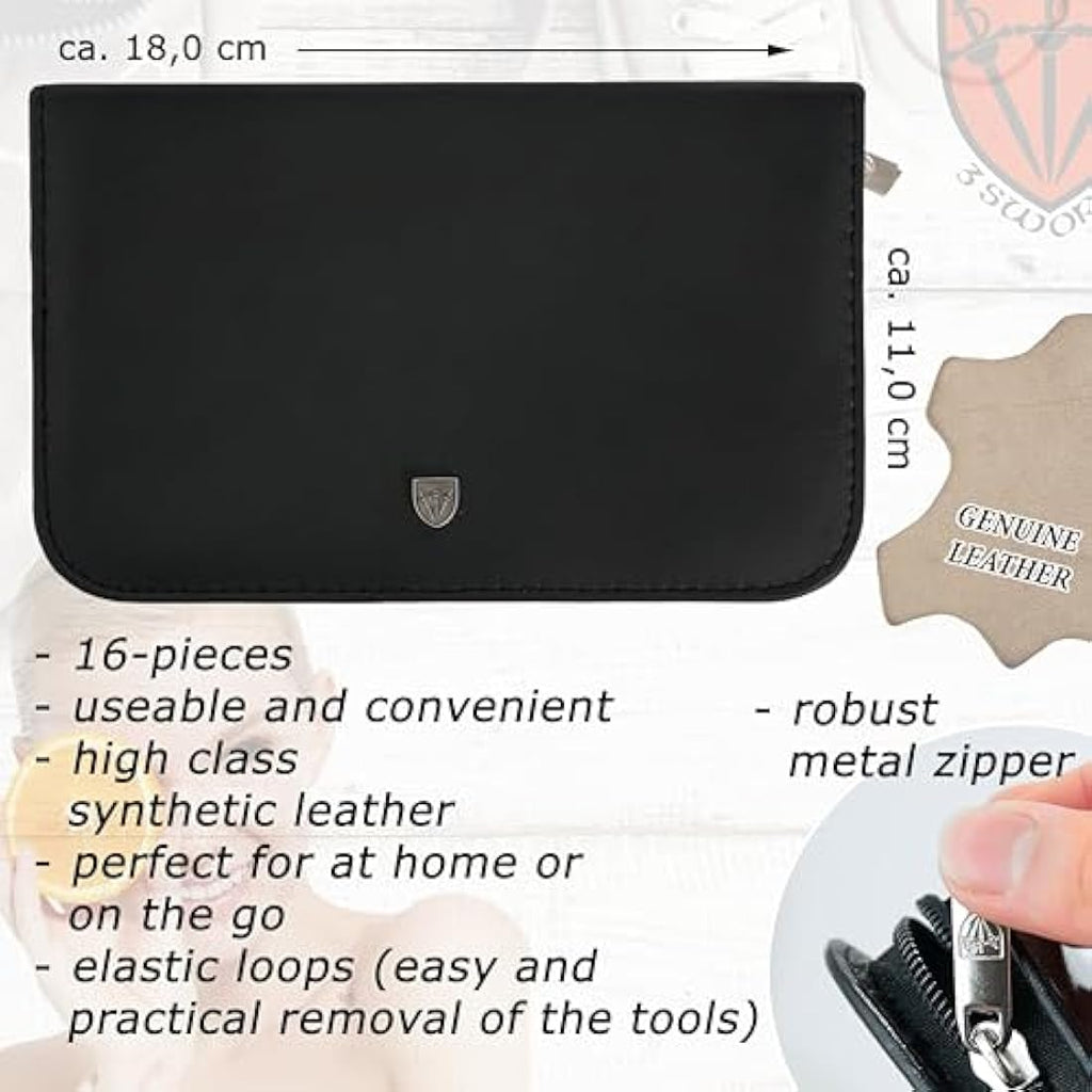 3 Swords Germany 16-Piece Manicure & Pedicure Kit | Black Leather Case
