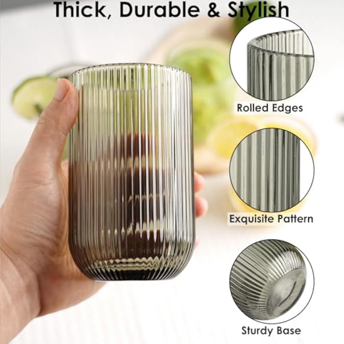 TKNO Ribbed Highball Glasses - 410ml Origami Style Fluted Tumblers, Set of 6