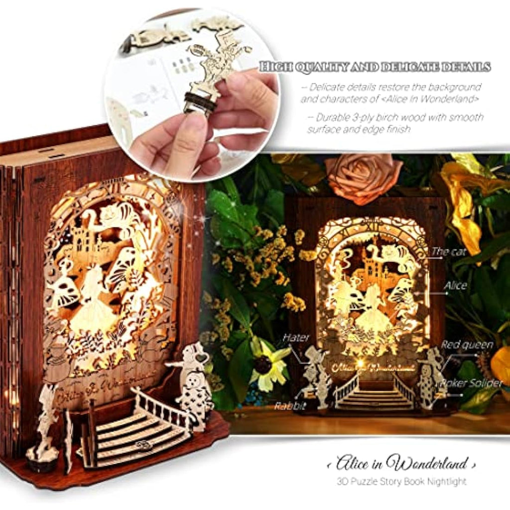 FUNPOLA Alice in Wonderland 3D Wooden Puzzle LED Nightlight DIY Kit