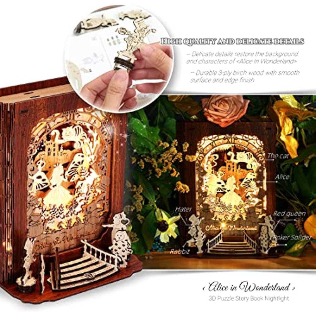 FUNPOLA Alice in Wonderland 3D Wooden Puzzle LED Nightlight DIY Kit