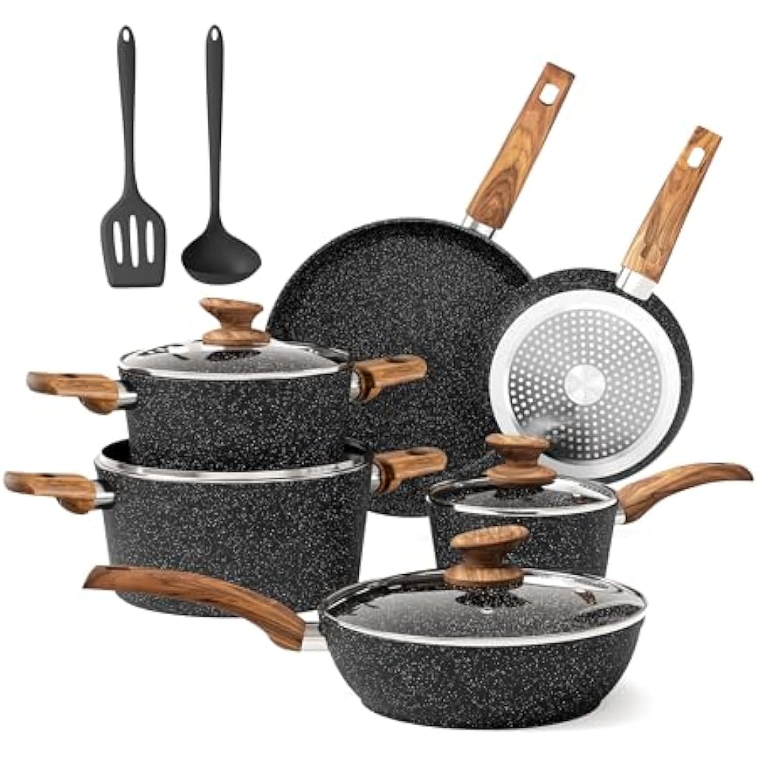 Jolof Store 12-Piece Nonstick Granite Cookware Set - Induction Black