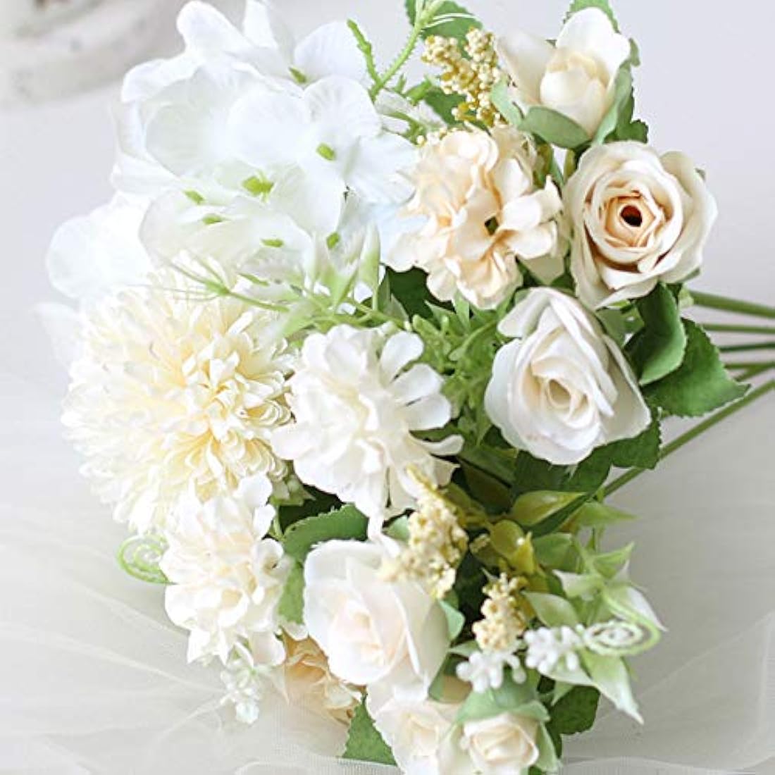 Artificial White Hydrangea and Silk Roses in Metal Pot
