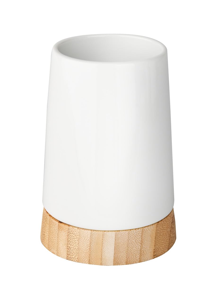 Wenko Bamboo & Ceramic Toothbrush Tumbler – White Bathroom Holder
